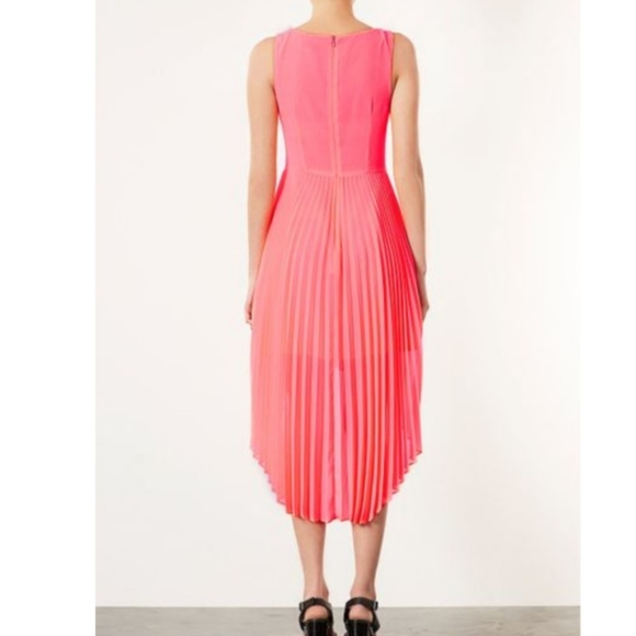 Topshop Fluro Coral pleated asymmetrical hem dress - Picture 2 of 6
